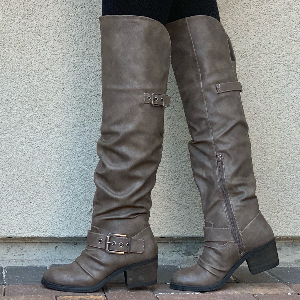 NIB Taupe Over The Knee Ruched Buckle Riding Boots - Picture 3 of 8